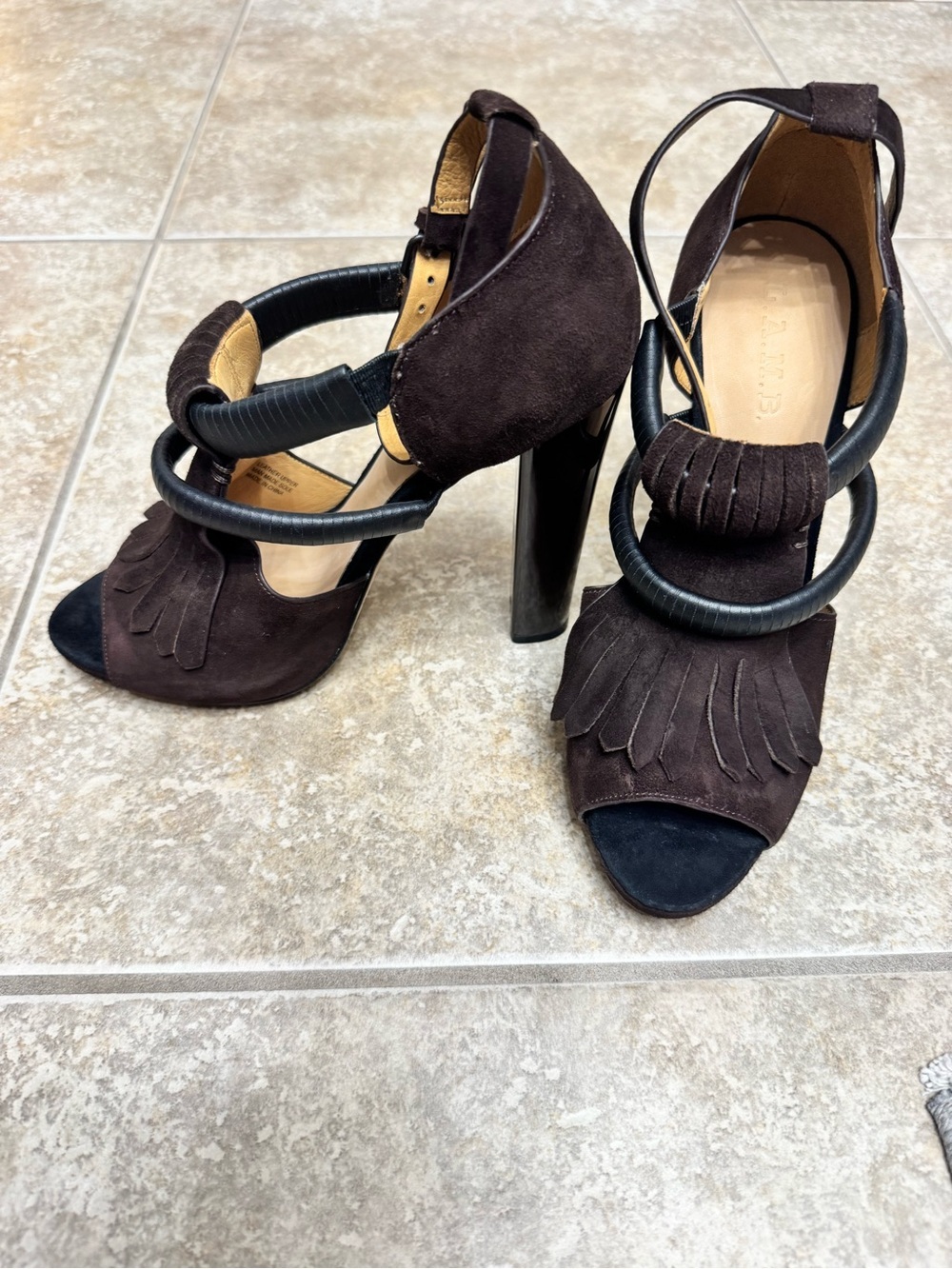 L.A.M.B. Black Brown Suede Fringe Platform Heel Sandals - Picture 2 of 7